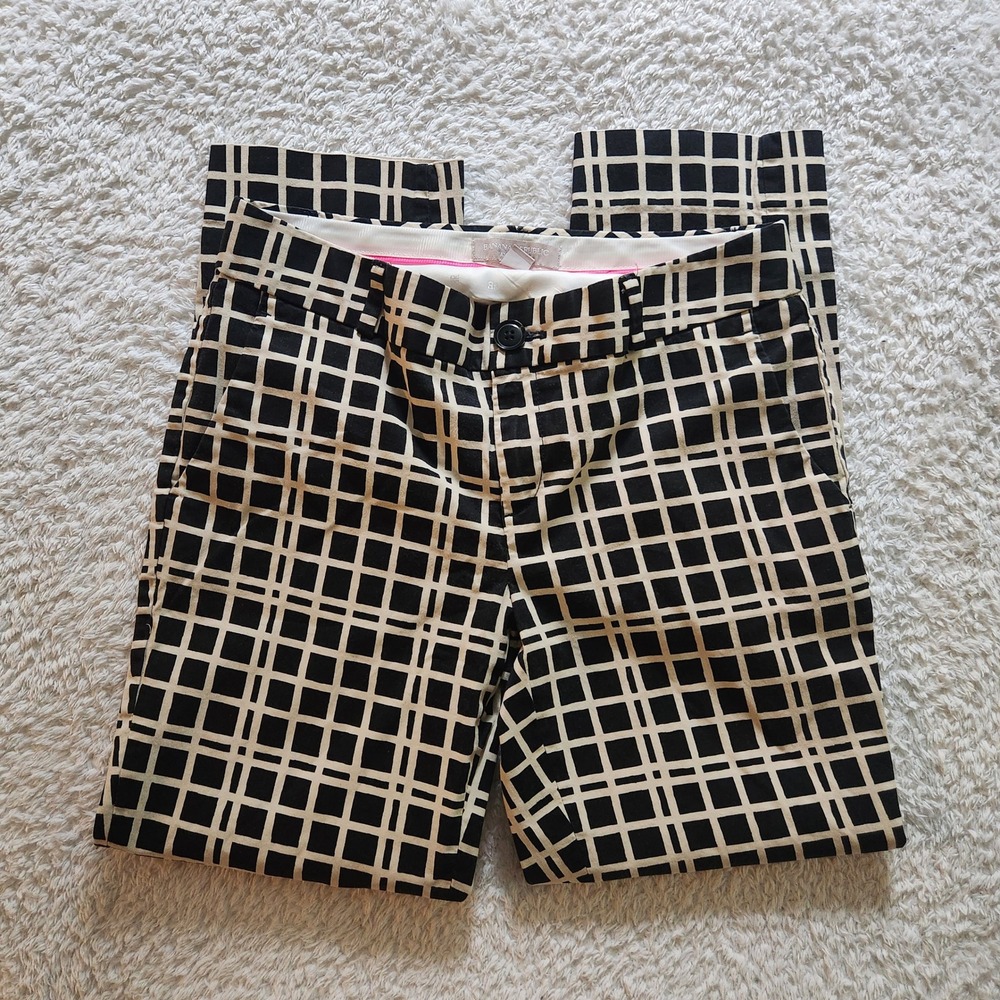 Banana Republic Hampton Pants 2 Black Cream Grid Print Slim Ankle Trousers